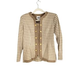 Leslie Fay Taupe Houndstooth Double Breasted Sweater